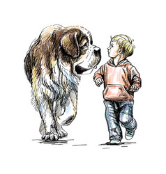 Boy Is Walking With A Big Dog On A White