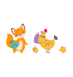 Cute Fox And Chicken Animal Congratulating