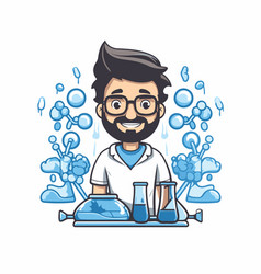 Cartoon Scientist With Chemical Flasks And Test