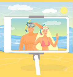 Happy Couple Taking Selfie On Beach Flat