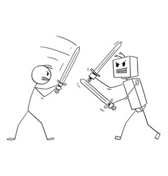 Human Person Sword Fighting With Robot Cartoon