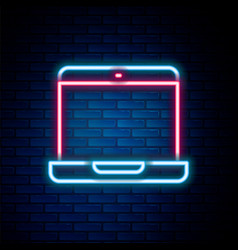 Glowing Neon Line Laptop Icon Isolated On Brick