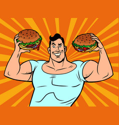 Strong Muscular Man With Burgers