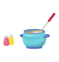 Blue Cooking Pot With Soup And Spoon Salt