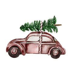 Christmas Car With Tree On The Roof Watercolor