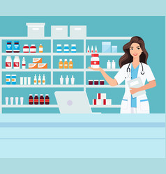 Pharmacy With Nurse In Counter Drugstore Cartoon