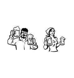 Happy Man And Woman Holding Beer Mugs Hand Drawn