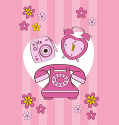 Cute Pink Poster With Retro Phone Alarm Clock