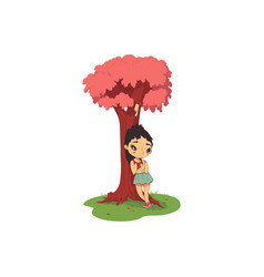 Sad Girl Standing Under The Tree Cartoon