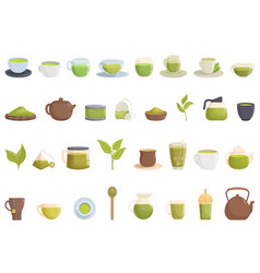 Green Tea Icons Set Cartoon Glass Cup