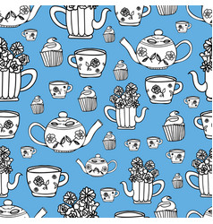 Purple Bg White Cups Tea Pots Black Outline Seaml