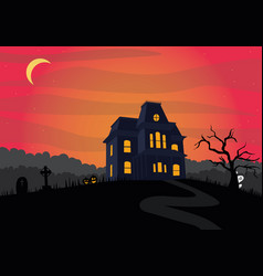 Halloween Dark Scary Gothic House Withe Red Sky