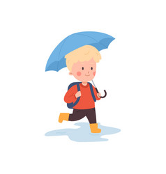 Cute Boy With Backpack Walking Under Umbrella