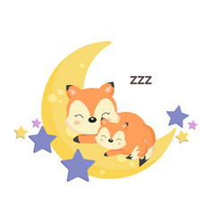 Cute Fox Mom And Baby Sleep On Moon