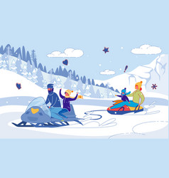 Family Snowmobile Tubing Race And Fun On Slopes