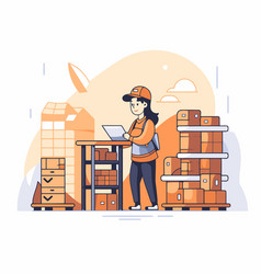 Warehouse Worker With Boxes And Laptop In Flat