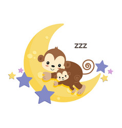 Cute Monkey Mom And Baby Sleep On Moon