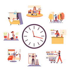 Woman Routine On Clock Cartoon Girl Activities