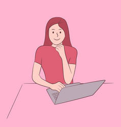 Smiling Woman Sitting With Laptop Hand Drawn Line