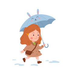 Little Smiling Girl Walking Under Umbrella