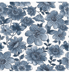 Blue Watercolor Flower With Leaves Repeat Pattern