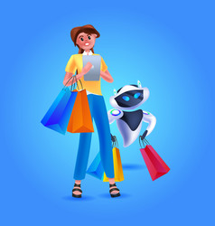 Woman With Modern Robot Holding Shopping Bags