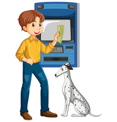 A Man Withdraw Money From Atm Machine And Dog