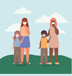 Mothers And Kids With Masks Outside Design