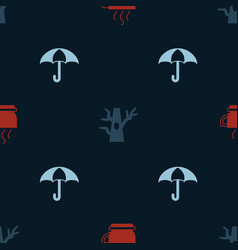 Set Coffee Cup Bare Tree And Umbrella On Seamless