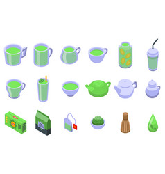 Green Tea Icons Set Isometric Cup Glass