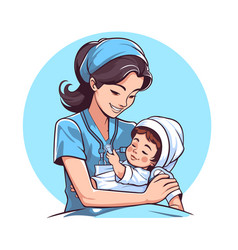 Nurse With A Newborn Baby In Cartoon Style