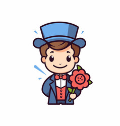 A Cute Cartoon Boy With Bouquet Of Flowers