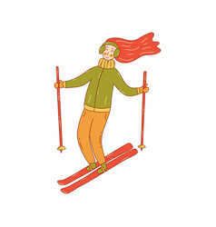 Happy Red Hair Girl Is Skiing Down A Hill