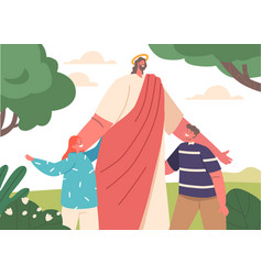 Jesus Character Stand On Meadow With Children