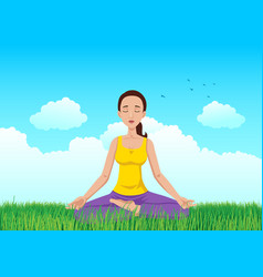 Woman Meditating On Grass Field