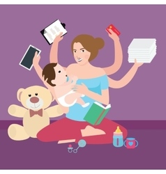 Woman Mom Multitasking Super Busy Mother With Baby