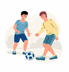 Two Boys Or Teenagers Play Football Happy Men