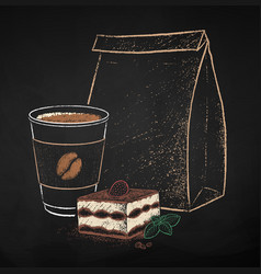 Coffee Cup With Tiramisu And Paper Bag