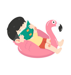 Kid Boy Reading Book With Flamingo Float