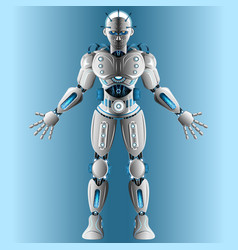 A Full Body Robot Is Standing And Spreading Hands