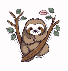 Cute Cartoon Sloth On A Tree Branch