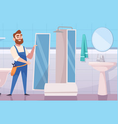 Plumber Worker Installing Shower Cabin Cartoon