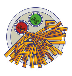 Frech Fries And Sauces On Dish Food Blue Lines