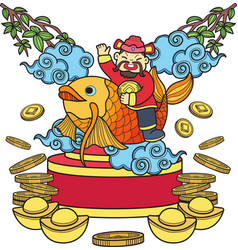 Hand Drawn Chinese Wealth God And Koi