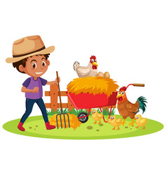 Farm Scene With Farmboy And Many Chickens