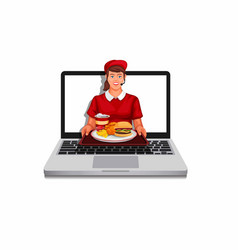 Girl Fast Food Worker Giving Food From Laptop