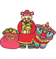 Hand Drawn Wealth God And Chinese Lion