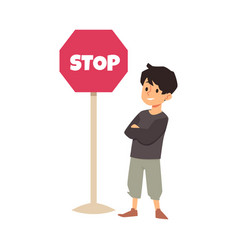 Teen Boy Standing Near Traffic Stop Sign Flat