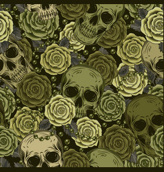 Green Camouflage Pattern With Human Skull Roses