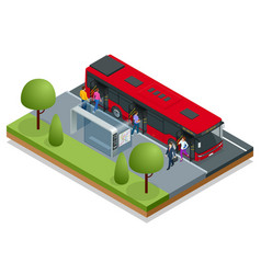 Isometric Red City Bus At A Bus Stop People Get